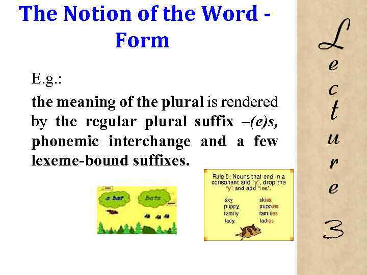 The Notion of the Word Form E. g. : the meaning of the plural