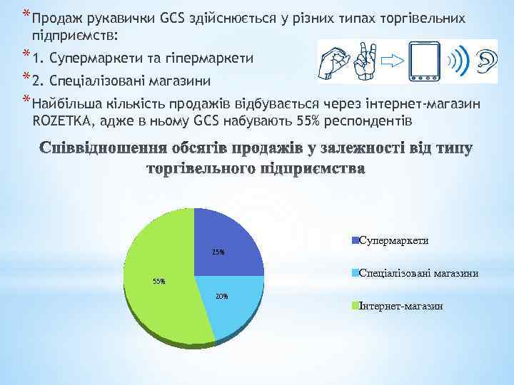 * Продаж рукавички GCS здійснюється у різних типах торгівельних підприємств: * 1. Супермаркети та