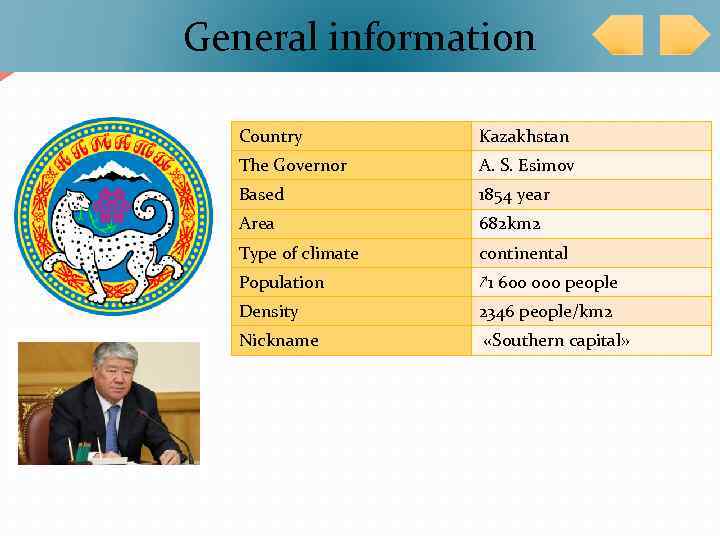 General information Country Kazakhstan The Governor A. S. Esimov Based 1854 year Area 682