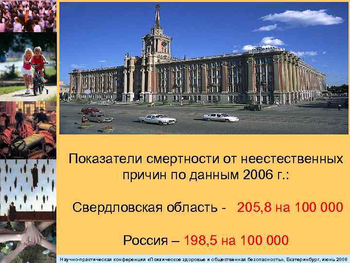 Показатели смертности от неестественных причин по данным 2006 г. : Свердловская область - 205,