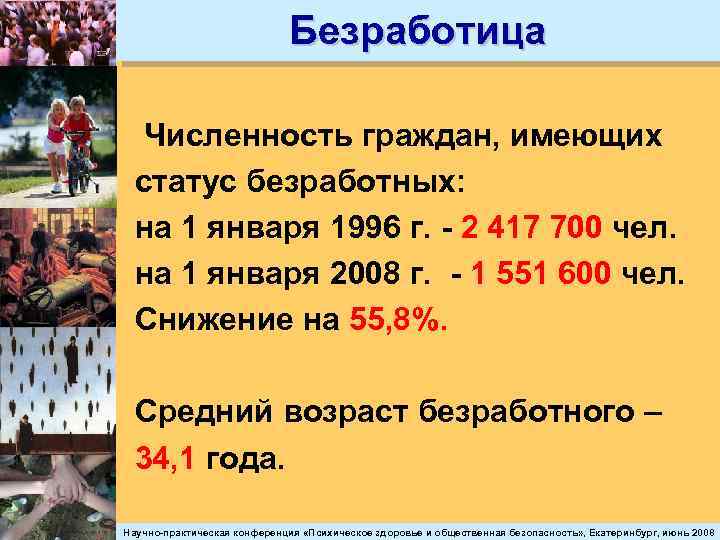 Безработица Численность граждан, имеющих статус безработных: на 1 января 1996 г. - 2 417