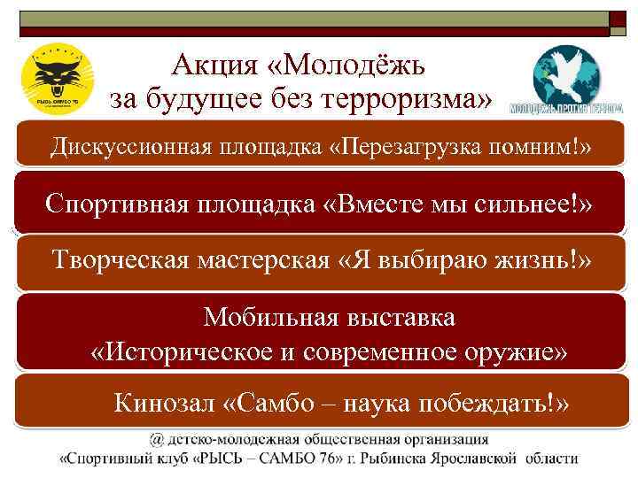 Акция «Молодёжь за будущее без терроризма» Дискуссионная площадка «Перезагрузка помним!» Спортивная площадка «Вместе мы