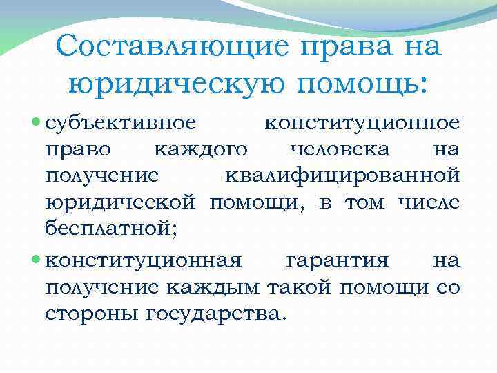 Составляющие права на юридическую помощь: субъективное конституционное право каждого человека на получение квалифицированной юридической