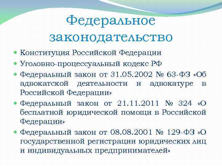 Федеральное законодательство Конституция Российской Федерации Уголовно-процессуальный кодекс РФ Федеральный закон от 31. 05. 2002