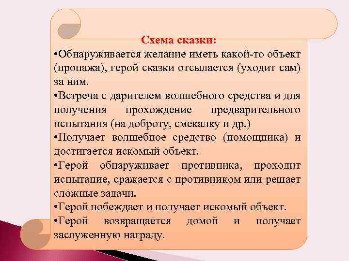Схема сказки: • Обнаруживается желание иметь какой-то объект (пропажа), герой сказки отсылается (уходит сам)
