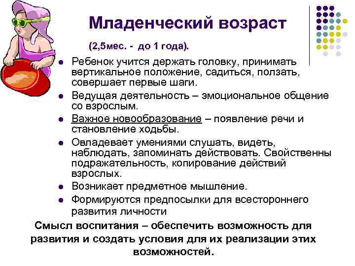 Младенческий возраст (2, 5 мес. - до 1 года). Ребенок учится держать головку, принимать