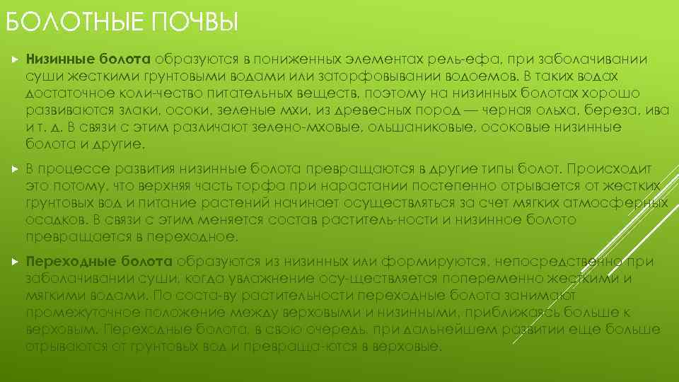 БОЛОТНЫЕ ПОЧВЫ Низинные болота образуются в пониженных элементах рель ефа, при заболачивании суши жесткими