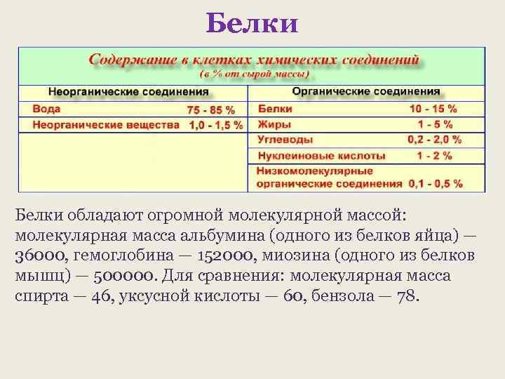 Белки обладают огромной молекулярной массой: молекулярная масса альбумина (одного из белков яйца) — 36000,