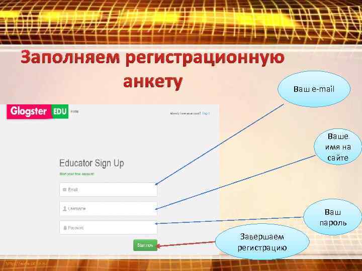 Заполняем регистрационную анкету Ваш e-mail Ваше имя на сайте Ваш пароль Завершаем регистрацию 