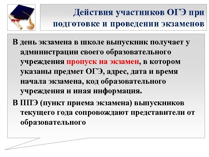 Действия участников ОГЭ при подготовке и проведении экзаменов В день экзамена в школе выпускник