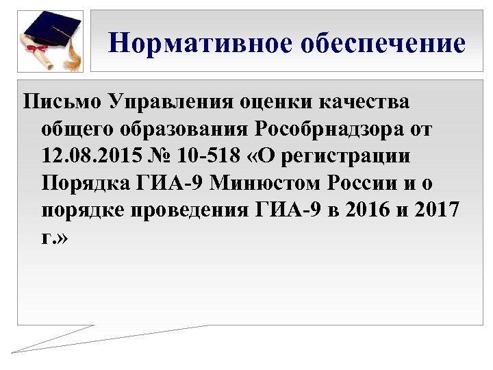 Нормативное обеспечение Письмо Управления оценки качества общего образования Рособрнадзора от 12. 08. 2015 №