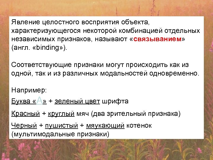 Явление целостного восприятия объекта, характеризующегося некоторой комбинацией отдельных независимых признаков, называют «связыванием» (англ. «binding»