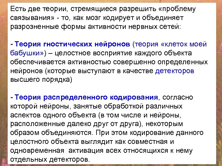 Есть две теории, стремящиеся разрешить «проблему связывания» - то, как мозг кодирует и объединяет
