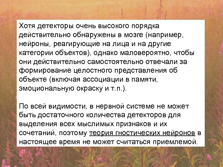 Хотя детекторы очень высокого порядка действительно обнаружены в мозге (например, нейроны, реагирующие на лица