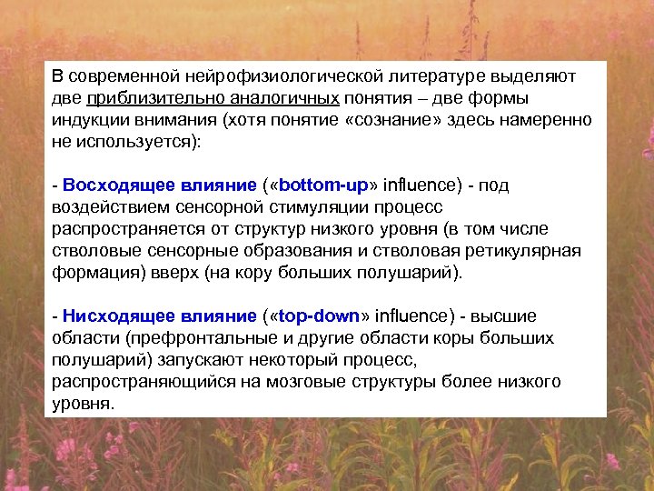 В современной нейрофизиологической литературе выделяют две приблизительно аналогичных понятия – две формы индукции внимания