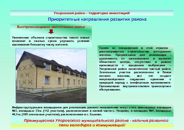 Упоровский район – территория инвестиций! Приоритетные направления развития района Быстровозводимое малоэтажное жилье Увеличение объемов