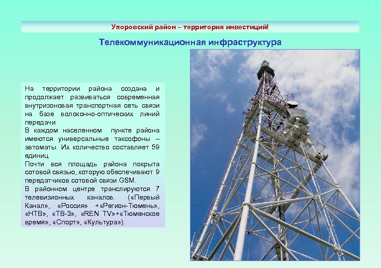 Упоровский район – территория инвестиций! Телекоммуникационная инфраструктура На территории района создана и продолжает развиваться