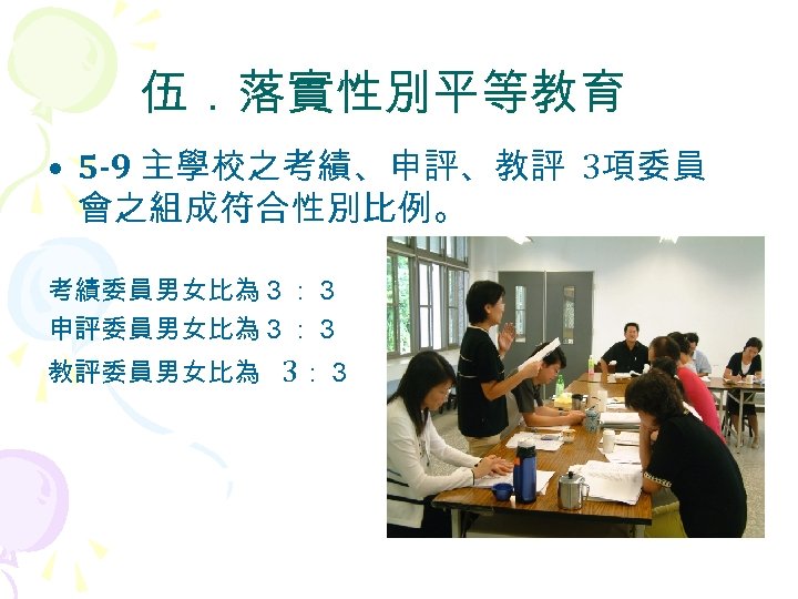 伍．落實性別平等教育 • 5 -9 主學校之考績、申評、教評 3項委員 會之組成符合性別比例。 考績委員男女比為３：３ 申評委員男女比為３：３ 教評委員男女比為 3：３ 