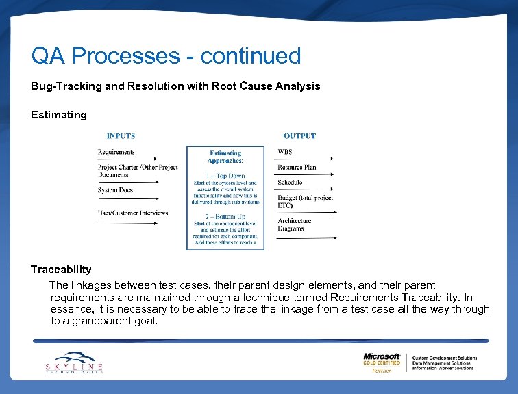 QA Processes - continued Bug-Tracking and Resolution with Root Cause Analysis Estimating Traceability The