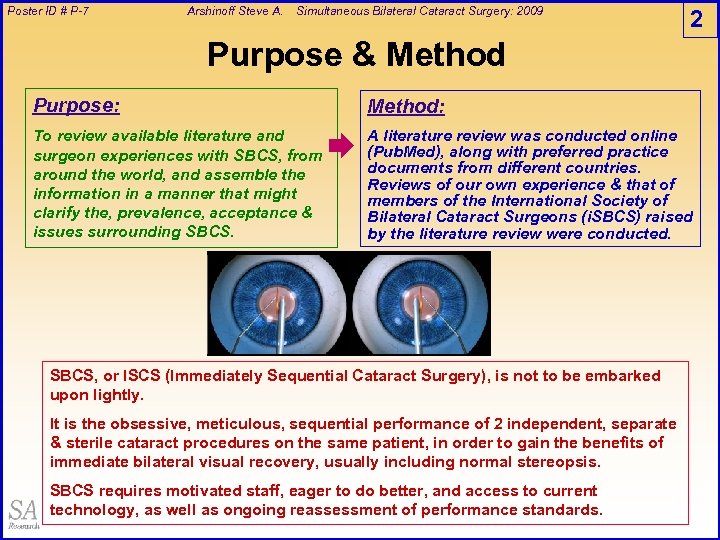 Poster ID # P-7 Arshinoff Steve A. Simultaneous Bilateral Cataract Surgery: 2009 2 Purpose