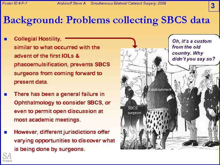 Poster ID # P-7 Arshinoff Steve A. Simultaneous Bilateral Cataract Surgery: 2009 3 Background: