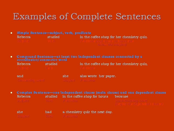 Examples of Complete Sentences l Simple Sentence—subject, verb, predicate Rebecca studied in the coffee