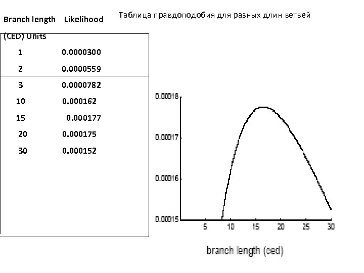 Branch length Likelihood (CED) Units 1 0. 0000300 2 0. 0000559 3 0. 0000782