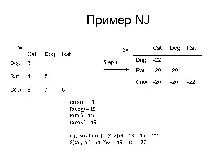 Пример NJ D= Dog Cat Dog Rat 4 6 7 Dog -20 -20 Rat