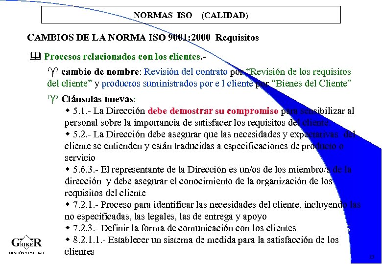 NORMAS ISO (CALIDAD) CAMBIOS DE LA NORMA ISO 9001: 2000 Requisitos & Procesos relacionados