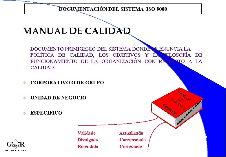 DOCUMENTACIÓN DEL SISTEMA ISO 9000 MANUAL DE CALIDAD DOCUMENTO PRIMIGENIO DEL SISTEMA DONDE SE