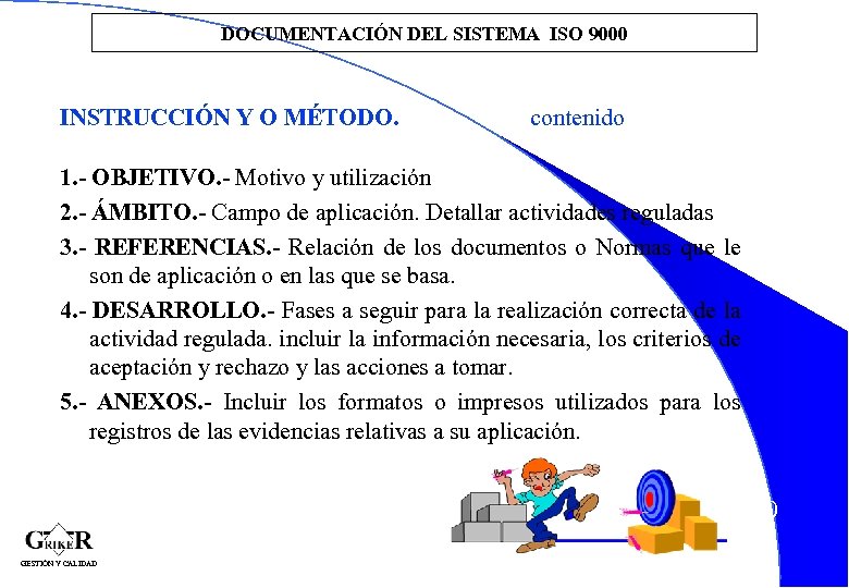DOCUMENTACIÓN DEL SISTEMA ISO 9000 INSTRUCCIÓN Y O MÉTODO. contenido 1. - OBJETIVO. -