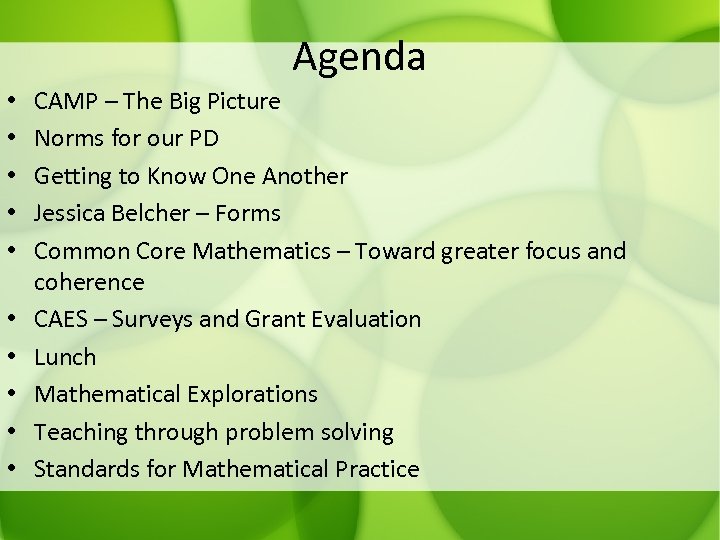 Agenda • • • CAMP – The Big Picture Norms for our PD Getting