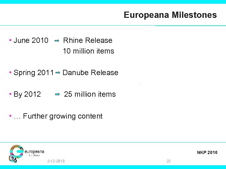 Europeana Milestones • June 2010 Rhine Release 10 million items • Spring 2011 Danube