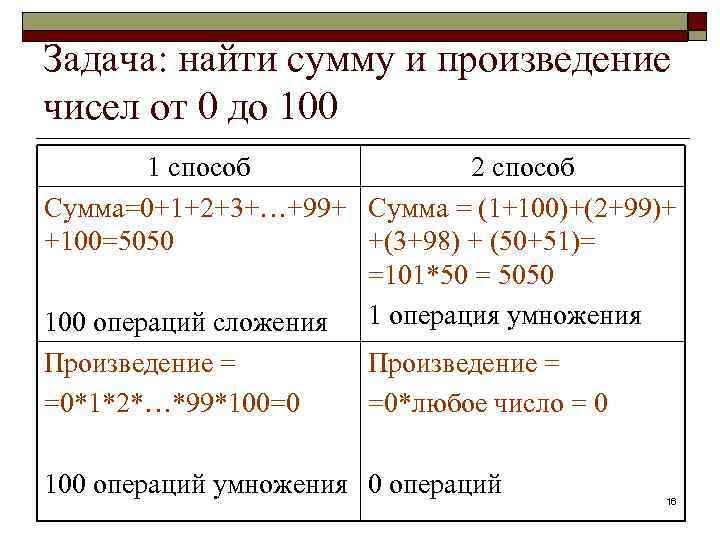 Задача: найти сумму и произведение чисел от 0 до 100 1 способ 2 способ