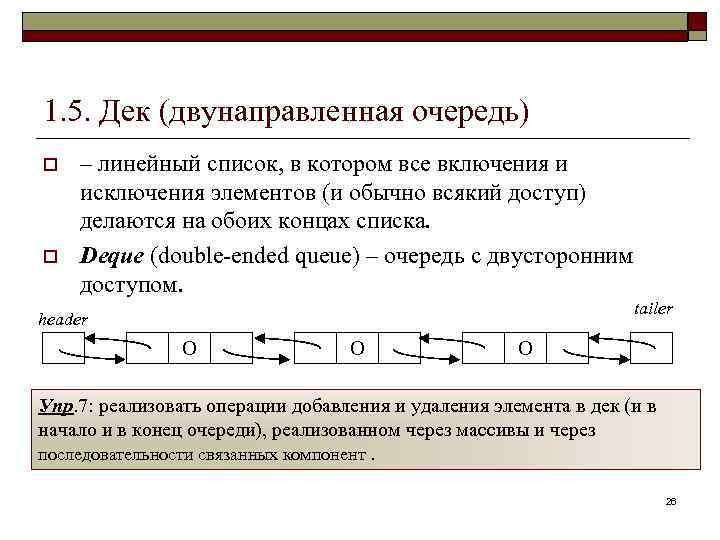 1. 5. Дек (двунаправленная очередь) o o – линейный список, в котором все включения