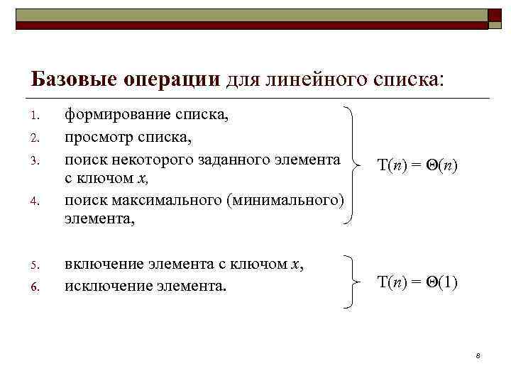 Базовые операции для линейного списка: 1. 2. 3. 4. 5. 6. формирование списка, просмотр