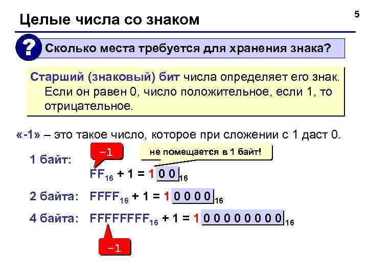 Целые числа со знаком ? Сколько места требуется для хранения знака? Старший (знаковый) бит