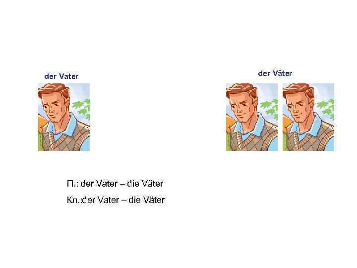 der Vater П. : der Vater – die Väter Кл. : der Vater –