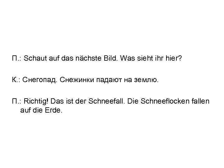 П. : Schaut auf das nächste Bild. Was sieht ihr hier? К. : Снегопад.