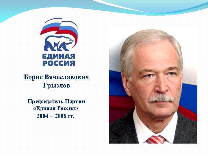  Борис Вячеславович Грызлов Председатель Партии «Единая Россия» 2004 – 2008 гг. 