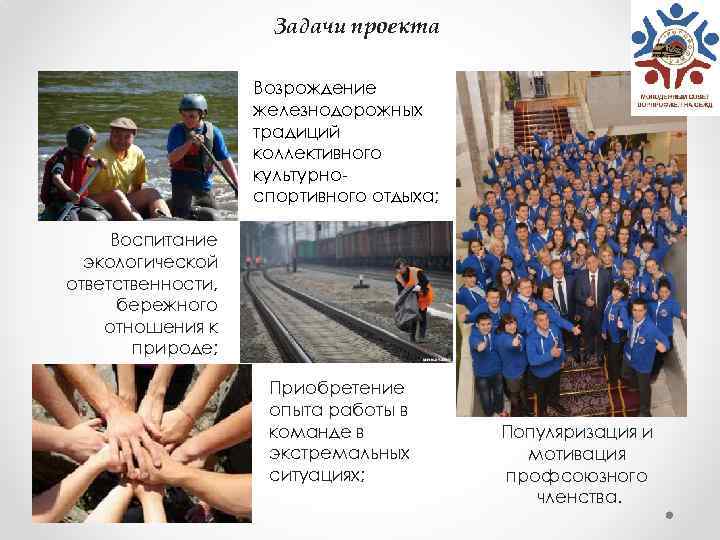 Задачи проекта Возрождение железнодорожных традиций коллективного культурноспортивного отдыха; Воспитание экологической ответственности, бережного отношения к
