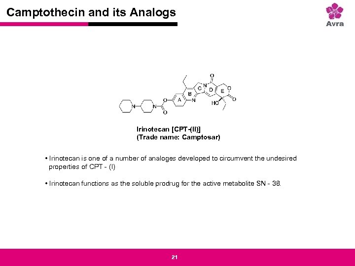 Camptothecin and its Analogs Strictly private and confidential Irinotecan [CPT-(II)] (Trade name: Camptosar) •