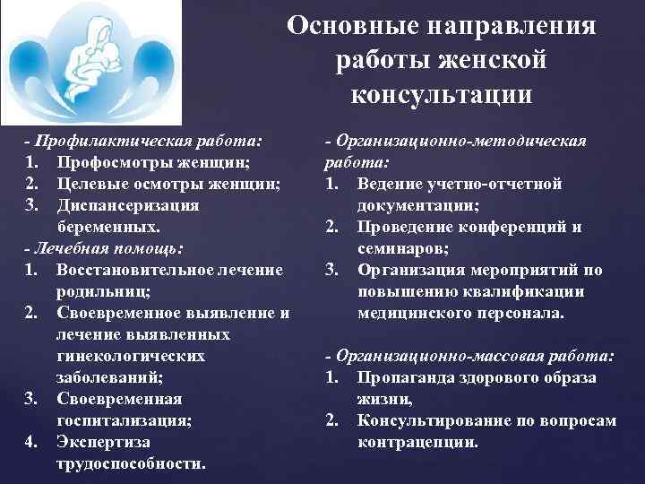 Основные направления работы женской консультации - Профилактическая работа: 1. Профосмотры женщин; 2. Целевые осмотры