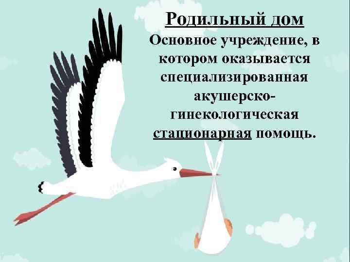 Родильный дом Основное учреждение, в котором оказывается специализированная акушерско гинекологическая стационарная помощь. 