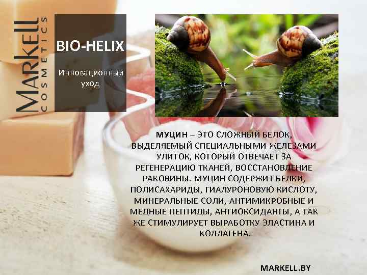 BIO-HELIX Инновационный уход МУЦИН – ЭТО СЛОЖНЫЙ БЕЛОК, ВЫДЕЛЯЕМЫЙ СПЕЦИАЛЬНЫМИ ЖЕЛЕЗАМИ УЛИТОК, КОТОРЫЙ ОТВЕЧАЕТ