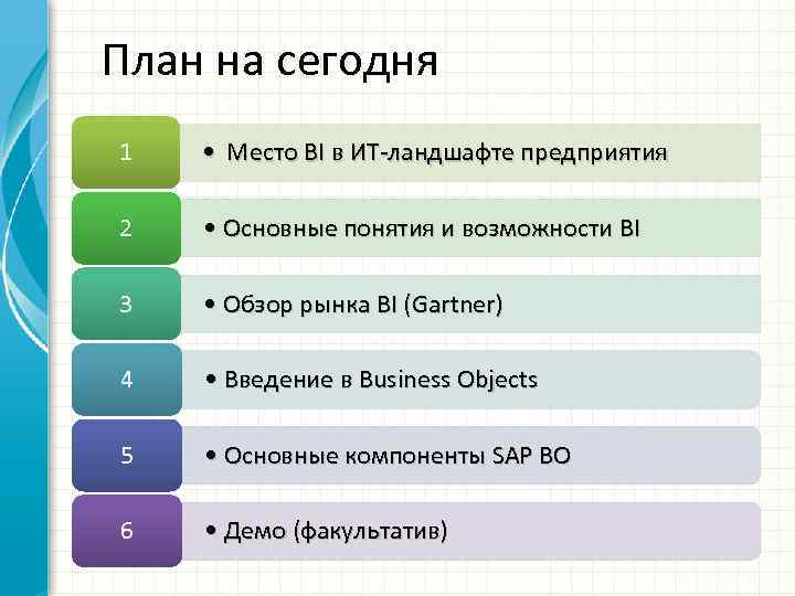 План на сегодня 1 • Место BI в ИТ-ландшафте предприятия 2 • Основные понятия