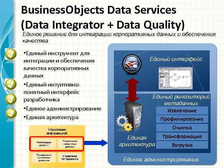 Business. Objects Data Services (Data Integrator + Data Quality) Единое решение для интеграции корпоративных