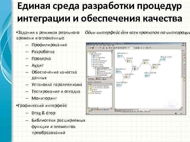 Единая среда разработки процедур интеграции и обеспечения качества • Задания в режимах реального Один