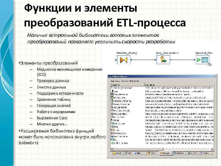 Функции и элементы преобразований ETL-процесса Наличие встроенной библиотеки готовых элементов преобразований позволяет увеличить скорости