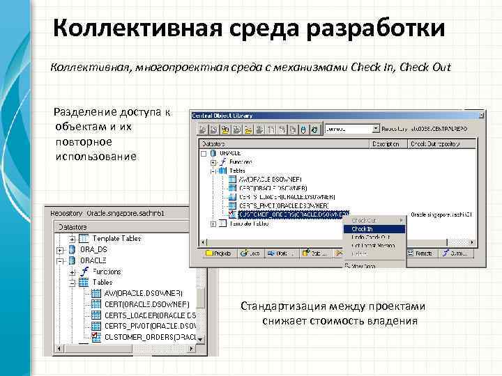 Коллективная среда разработки Коллективная, многопроектная среда с механизмами Check In, Check Out Разделение доступа